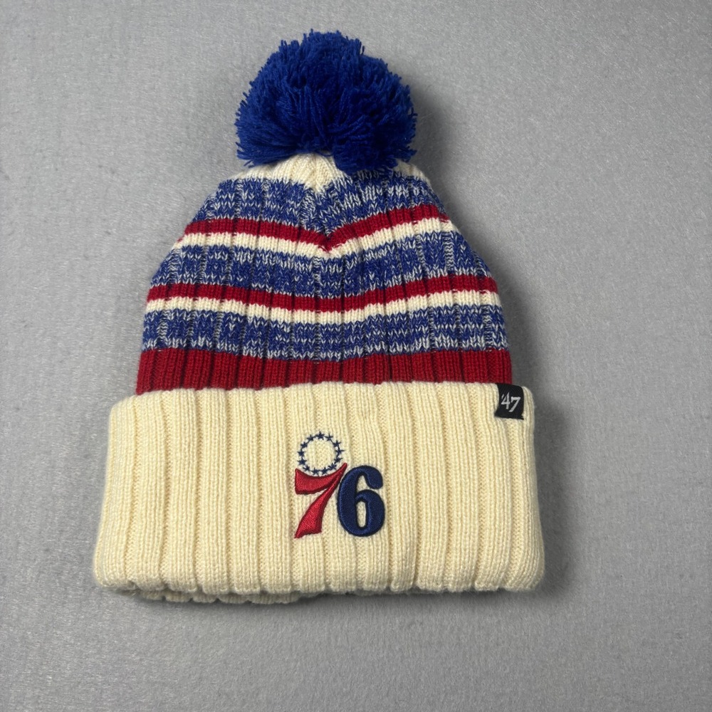 '47 BRAND PHILADELPHIA 76ERS IVORY TAVERN CUFF MENS KNIT‎ HAT OSFM POM POM NBA